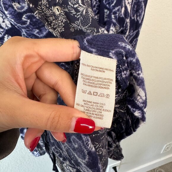 Free People Boho Printed Tunic Blouse S Button Front Long Sleeve Tie Hem Flowy R - Picture 6 of 9